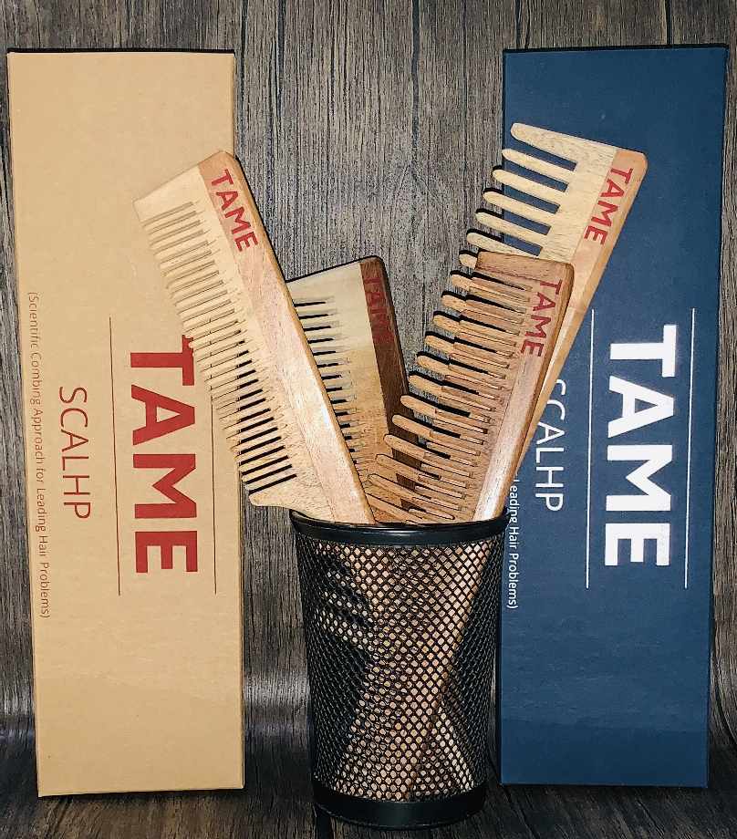 Tame Comb Set of 4 handcrafted neem wooden combs for daily Ayurvedic hair care
